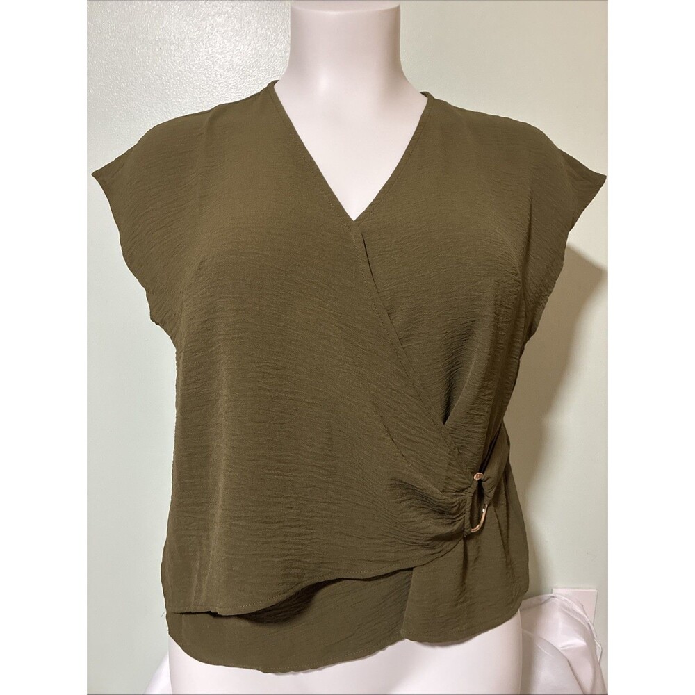 Tamara H. Olive Green Faux Wrap Blouse V-Neck Cap Sleeve 1X
